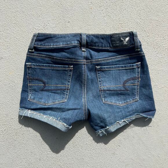 AEO Super Stretch Dark Wash Shortie Jean Shorts Size 00 - Picture 4 of 4